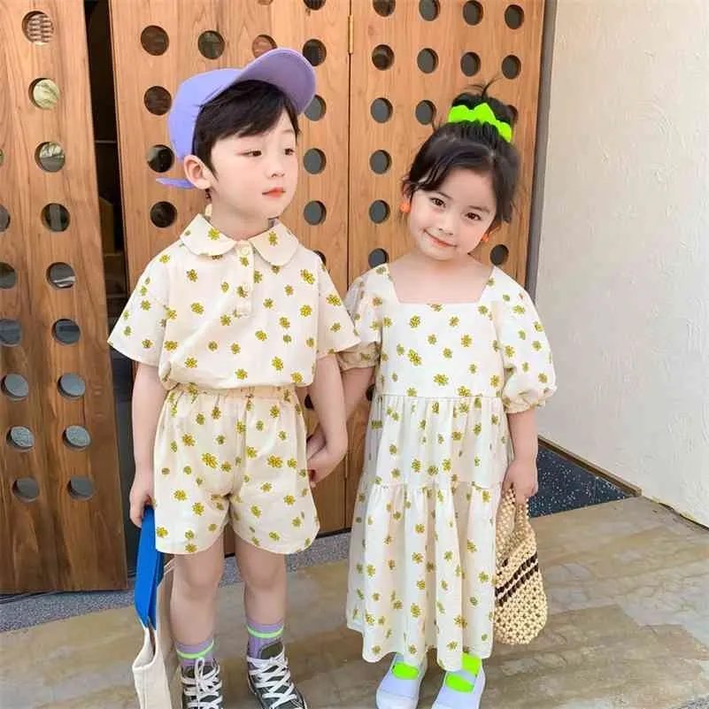 Été mode frère et soeur vêtements filles de style coréen chrysanthème décontracté longue robe garçons vêtements décontractés ensembles 210326