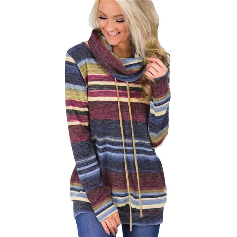 Turtleneck Sweater Kvinnor Höst Vinter Långärmad Striped Multicolor Casual Pullover Lace Up Striked Tunic 211011