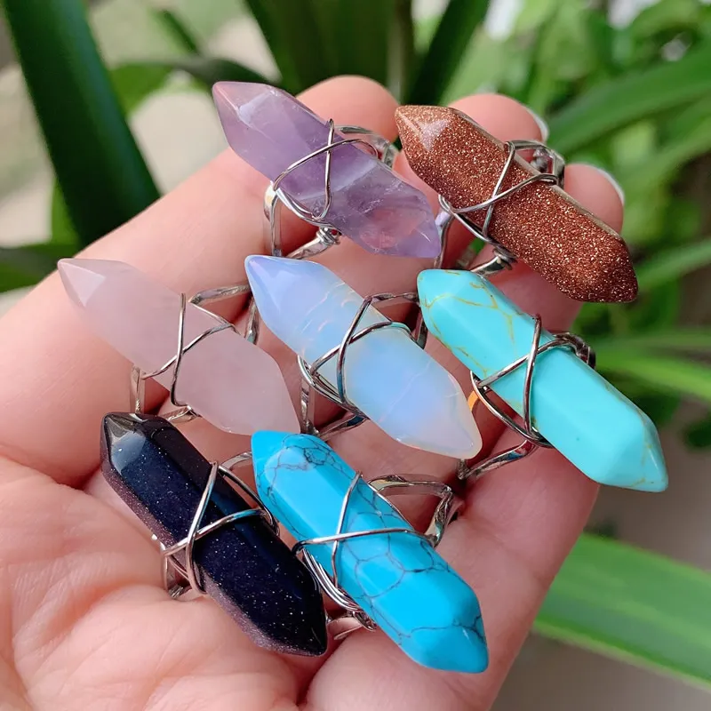 Mode Wire Wrapped Crystal Rings Genezing Steen Natuurlijke Vrouwen Ring Verstelbare Open Bullet Vorm Amethists Pink Quartz Tiger Eye Lapis Vinger Sieraden