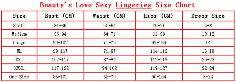 Sexy underwear size table