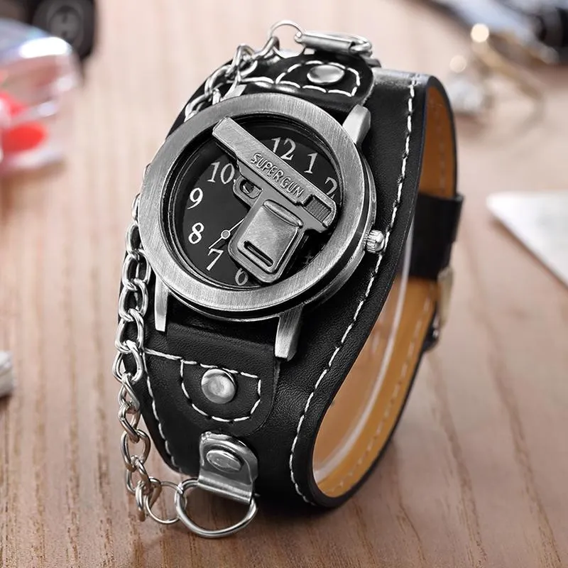 Wristwatches S O.T.SEA Brand Gun Skull Leather Watches Luxury Men Women Punk Sports Quartz Wrist Watch Orologio Uomo 1831-7