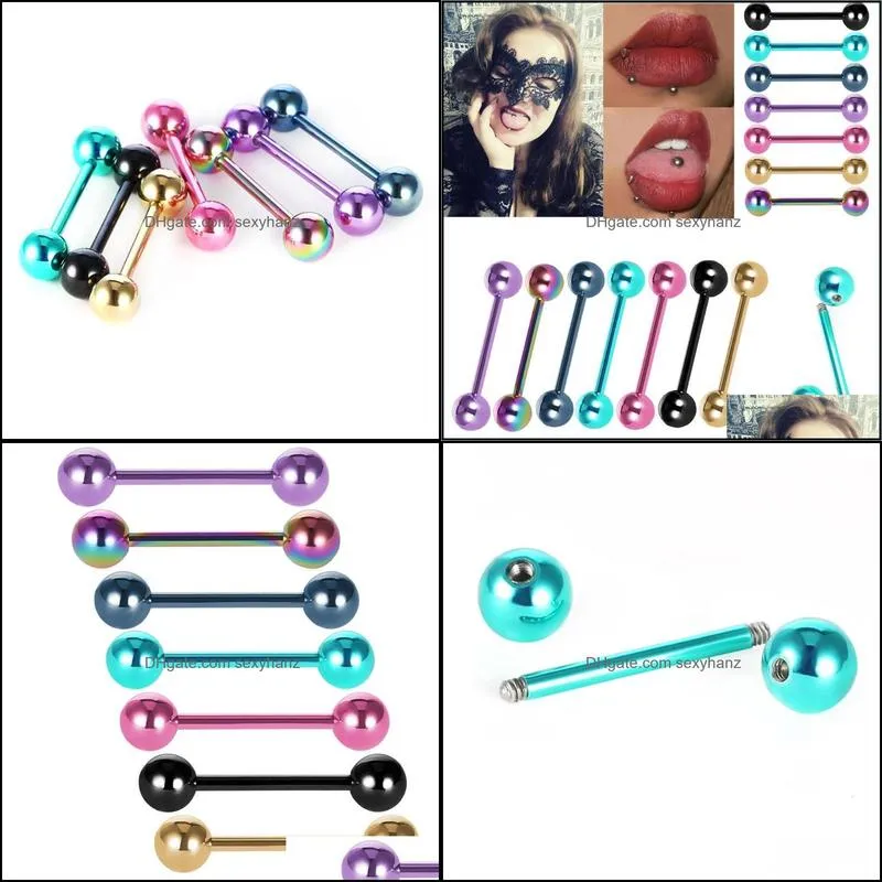 Other 7Pcs 14G Colorful Tongue Rings Bars Girls Nipple Piercing Straight Barbells Stainless Steel Body Jewelry Pircing