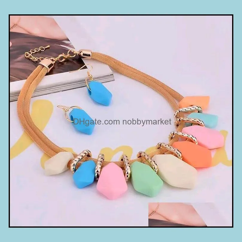 Luxury Chunky Statement Necklace Earring Bib Za Layers European American Candy Color Resin Stone Jewelry Necklaces Sets for Sale