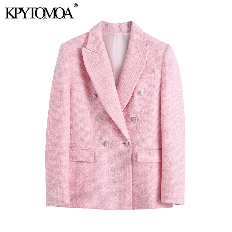 KPYTOMOA Women Fashion Double Breasted Tweed Blazer Coat Vintage Long Sleeve Pockets Female Outerwear Chic Veste Femme 210930
