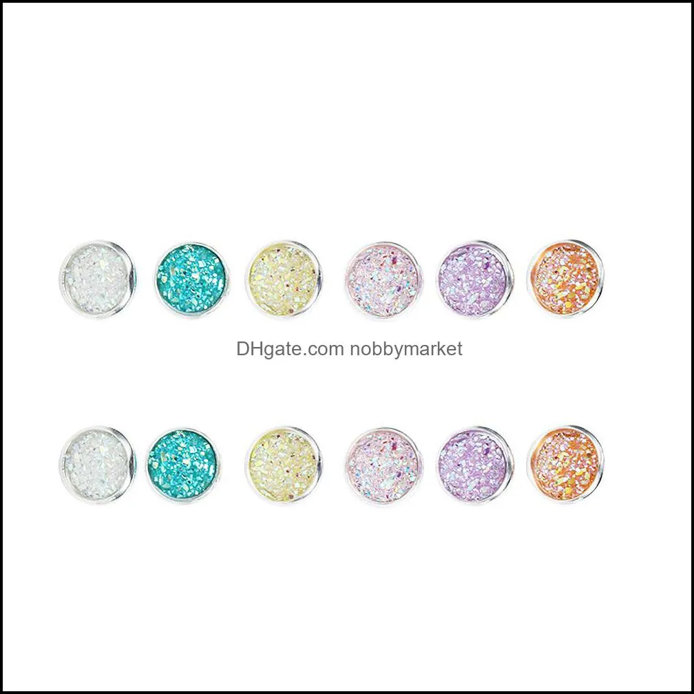 6 pair/Set Women`s Shiny Resin Ear Stud with Round Bling Druzy Stone For Girls Cute Earrings Set 2019 Fashion Jewelry Gift