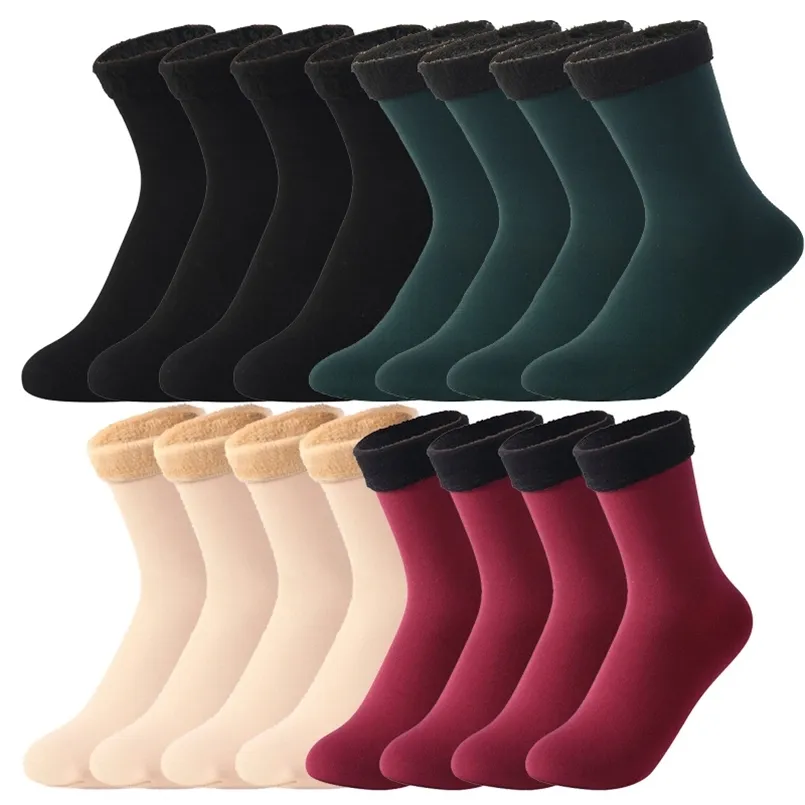 8Pairs / lot Femmes / Hommes Hiver Chaud Épaissir Chaussettes Thermiques Laine Cachemire Neige Peau Noire Chaussette Sans Couture Velours Bottes Douces Sommeil 211204