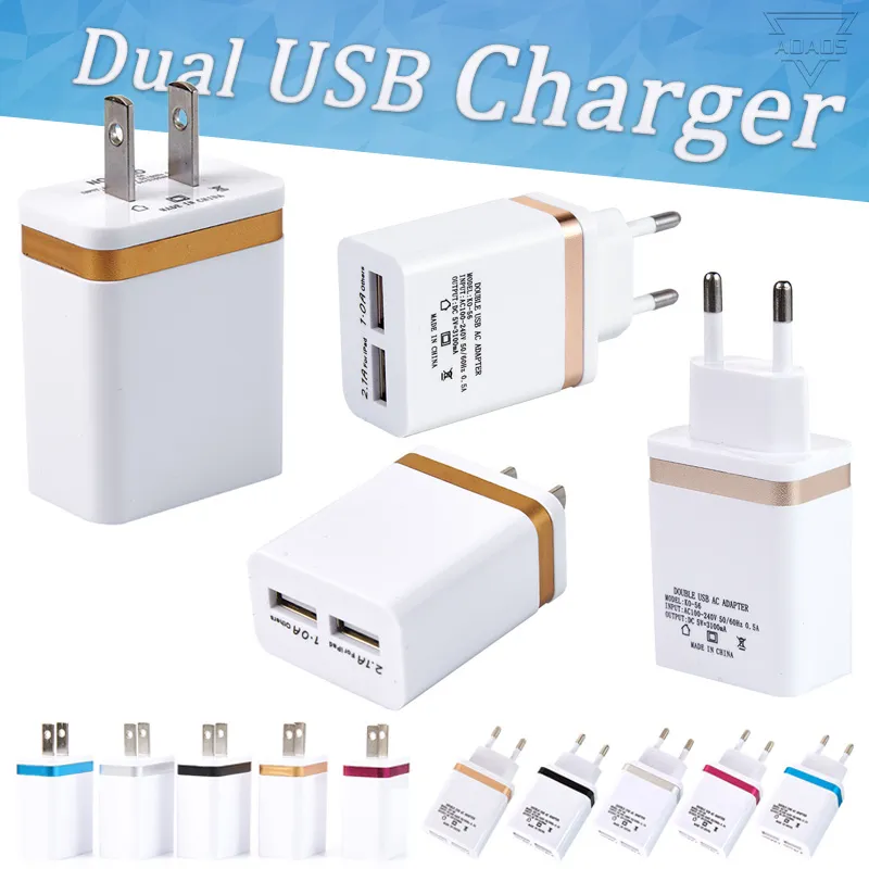 Nokoko Högkvalitativ väggladdare Metal Dual USB för Samsung S8 S7 2 Portar US EU-version Travel Adapter Universal Smart Phones No Package