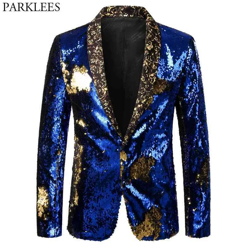 Błyszczący Royal Blue Cekin Glitter Blazer Kurtka Mężczyźni Szal Lapel Club DJ Dres Blazer Mens Wedding Party Stage Singers Costume 210522