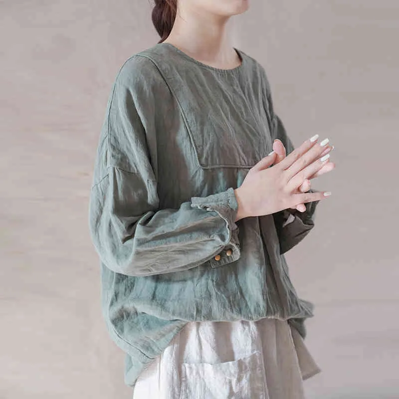 joature 여성 린넨 패치 워크 티셔츠 솔리드 컬러 빈티지 봄 원래 플러스 사이즈 여성 의류 고품질 T- 셔츠 210521