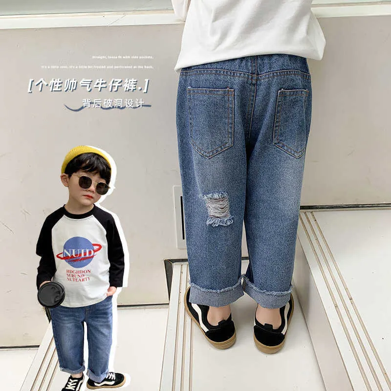 Baby Boys Jeans Primavera rasgado Loose para Moda Crianças Crianças Casuais All-Match Denim Calças 210615