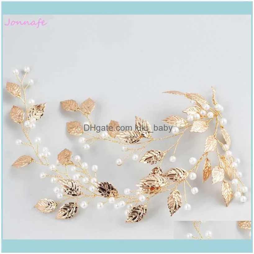 Jonnafe Boho Gold Leaf Women Vine Bridal Headband Pearls Hair Jewelry Wedding Crown Accessories Handmade