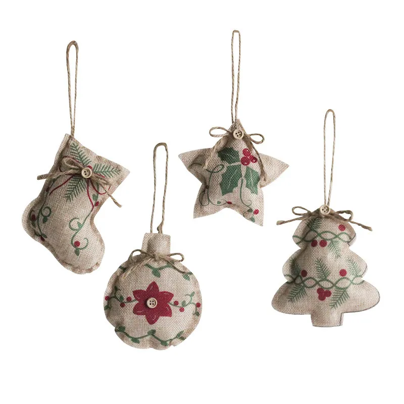 Christmas Linen Pendant Tree Printed Small Strap Ornament-Five-pointed Star Socks Ball Mall Decoration Cloth Embellishment Exquisite ZJTL0167