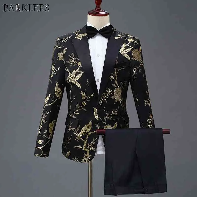 Gold Flower Bird Haft Sukienka Garnitur Mężczyźni Slim Fit One Button Męskie Garnitury Z Spodnie Stacja Prom Ślub Grooms Costume Homme 4XL 210522