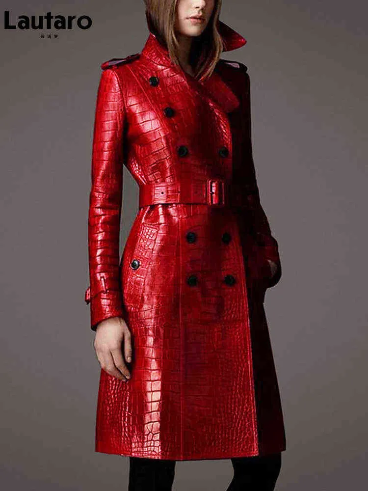 Lautaro Outono longo casaco de couro estampado vermelho para mulheres cinto com dois seios elegante estilo britânico moda 211118