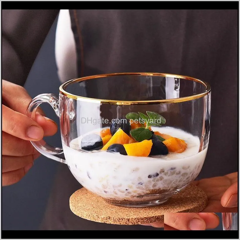 transparent gold rim glass breakfast cup, household oatmeal large-capacity milk drinking cup with handle and spoon wine glasses