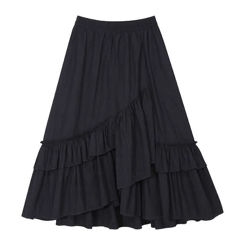 Lösa lediga pläterade kjolar Kvinnor Vår sommar Solid Japansk hög midja Jupe A-Line Fashion Elegant Mujer Faldas 13A240 210525