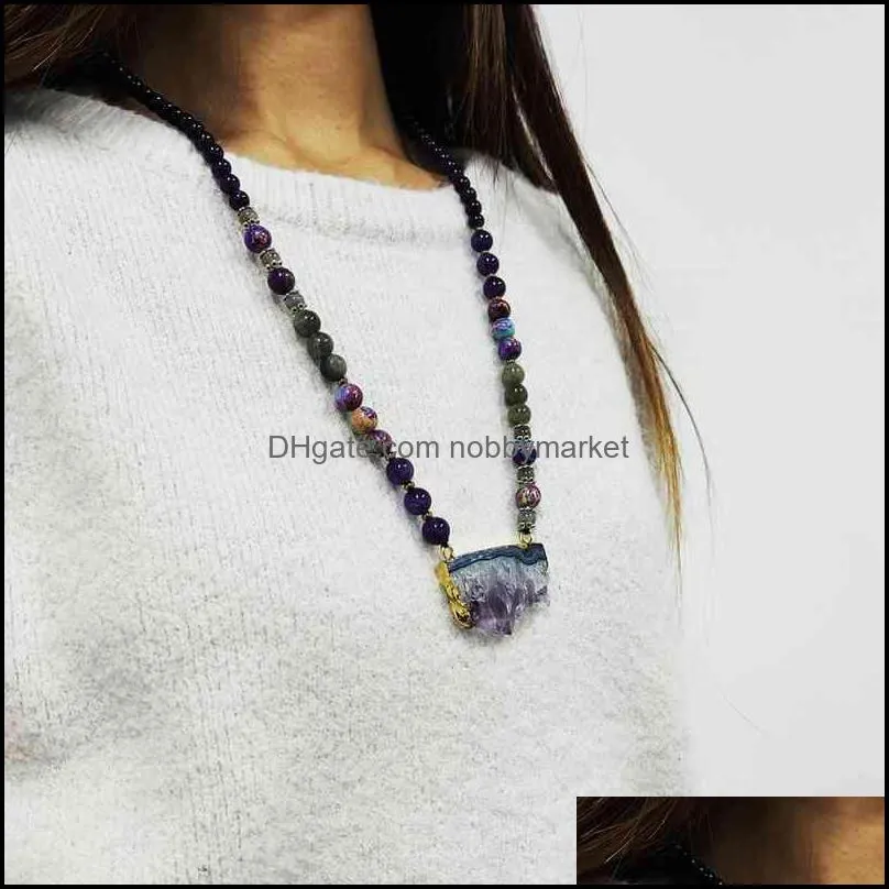 Luxury Women Pendant Necklace Natural Amethysts Slice Pendant Necklace Mixed Stones Beads Knotted Ethnic Necklace Wholesale 210323