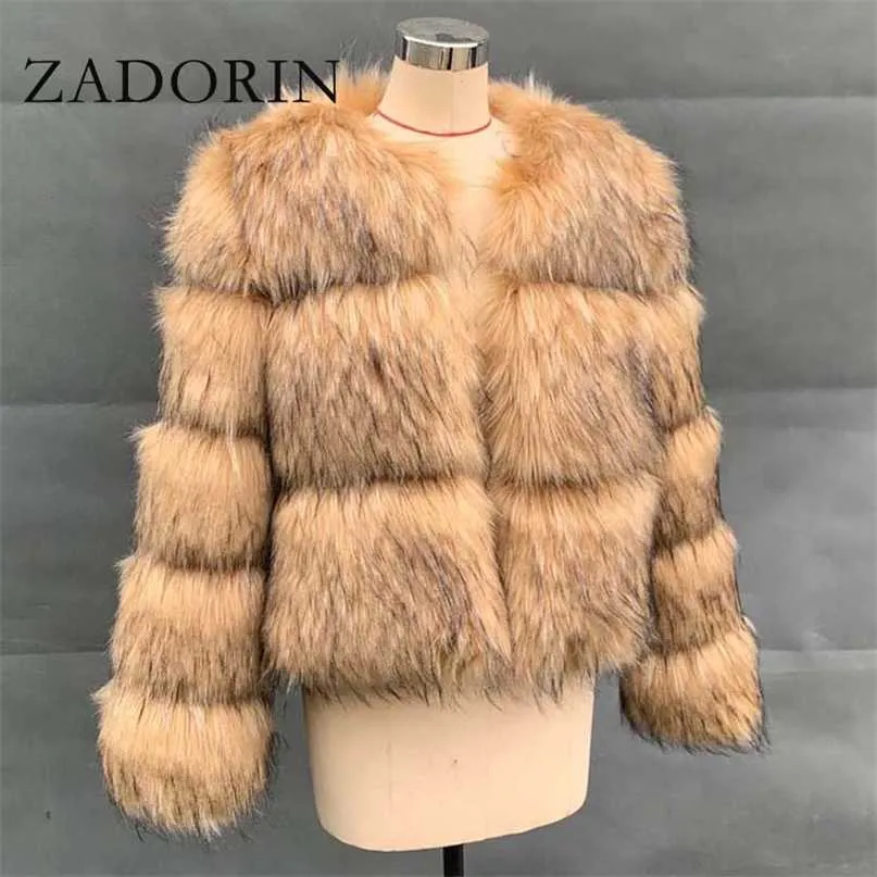 Zadorin Women Fashion Faux Raccoon Fur Coat Luxury Short Ry Top Jacket Winter Plush Fluffy Coats för 211018