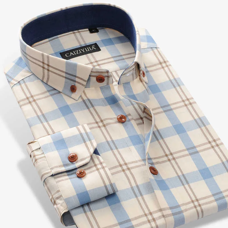 Męska 100% bawełna z długim rękawem Kontrast Plaid Koszulka w kratkę Kieszonkowa Mniejsza Projekt Casual Standard-Fit Button Down Gingham Shirts 210628