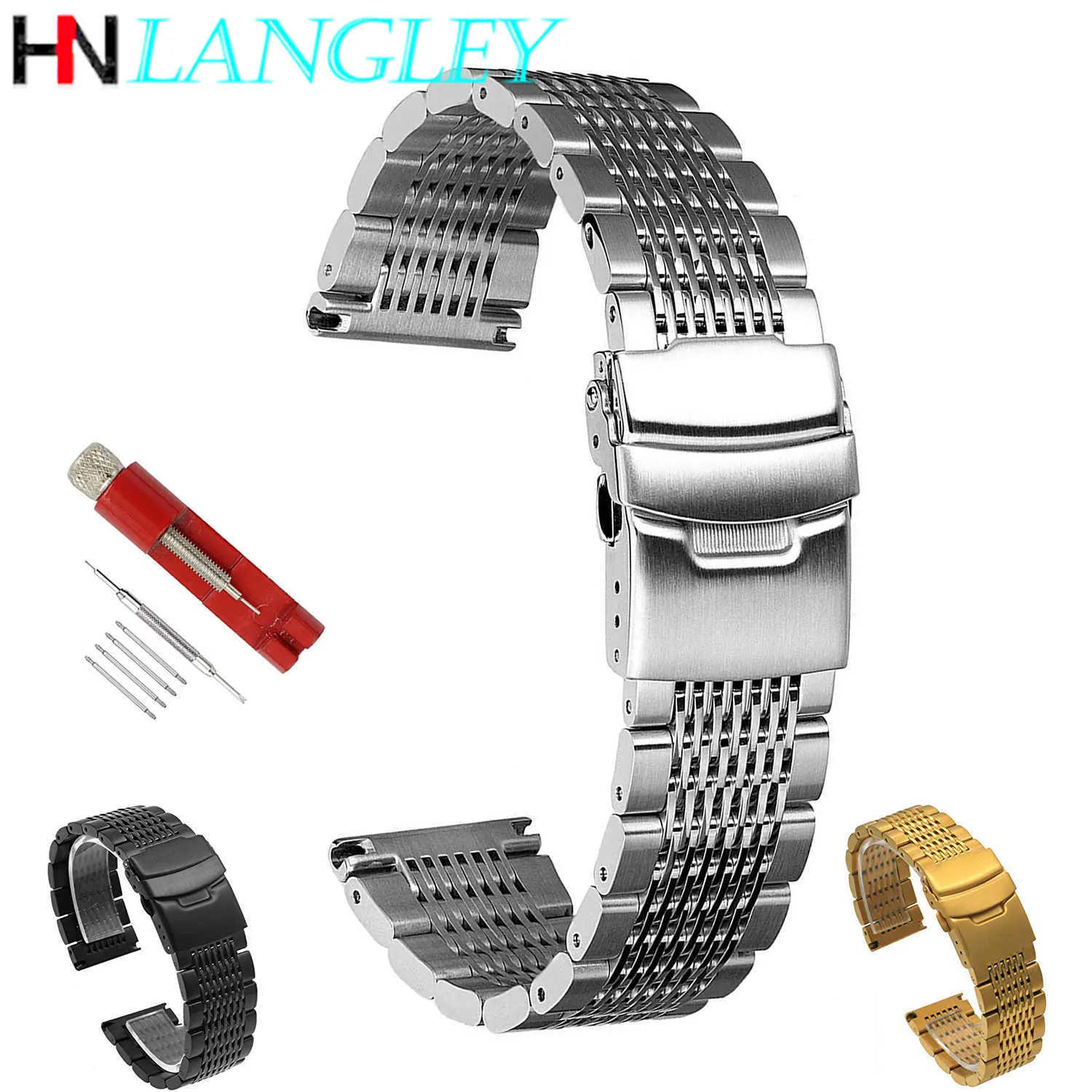 Bracelets de bracelet de montre en acier inoxydable à maille solide 18mm / 20mm / 22mm / 24mm Bracelets de montre Boucle de déploiement Bracelet brossé/poli H0915