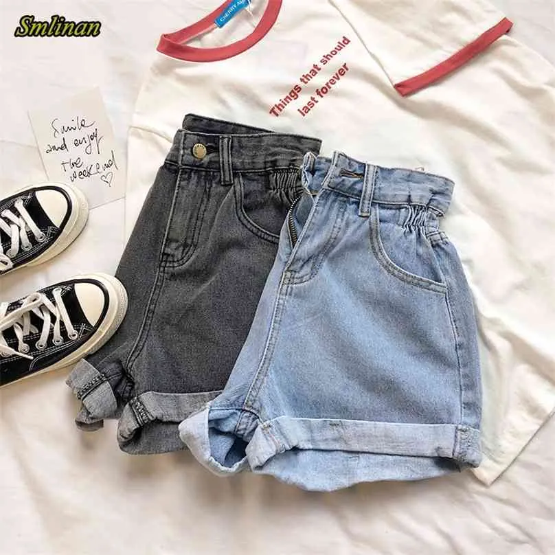 Smlinan mode hög midja vintage denim shorts kvinnor plus storlek casual hajuku curling jeans mini korta kvinnliga sommarbyxor 210719