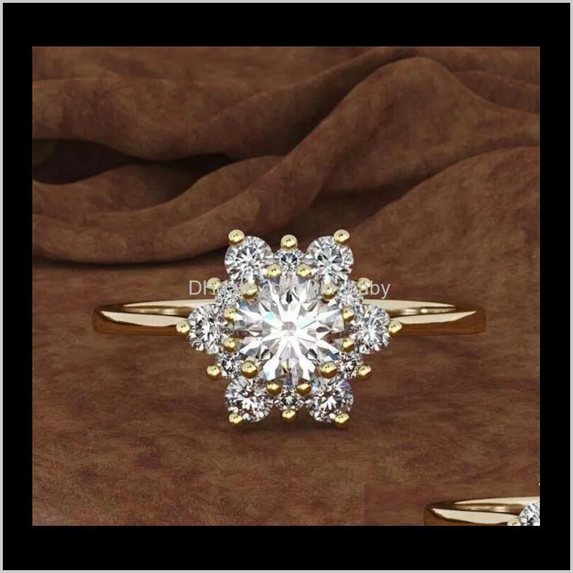 luxury female snowflake ring fashion 925 silver yellow rose gold color crystal zircon stone ring vintage wedding rings for women t482