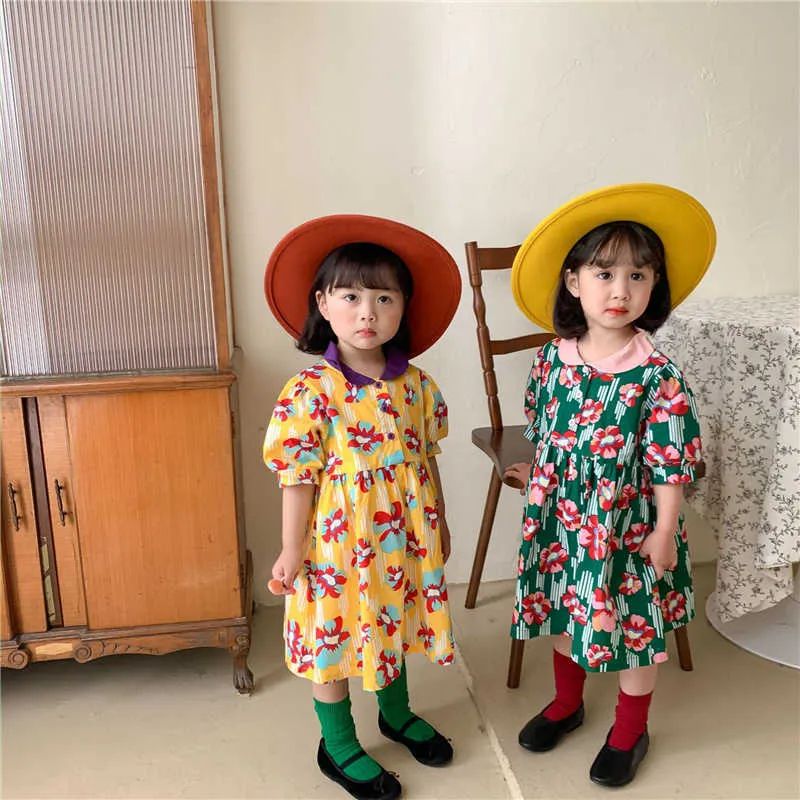 Корейский стиль ретро девушки цветочные печатные платья весна лето отлошают воротник детей повседневная короткая рукава платье 2-6Y 210615