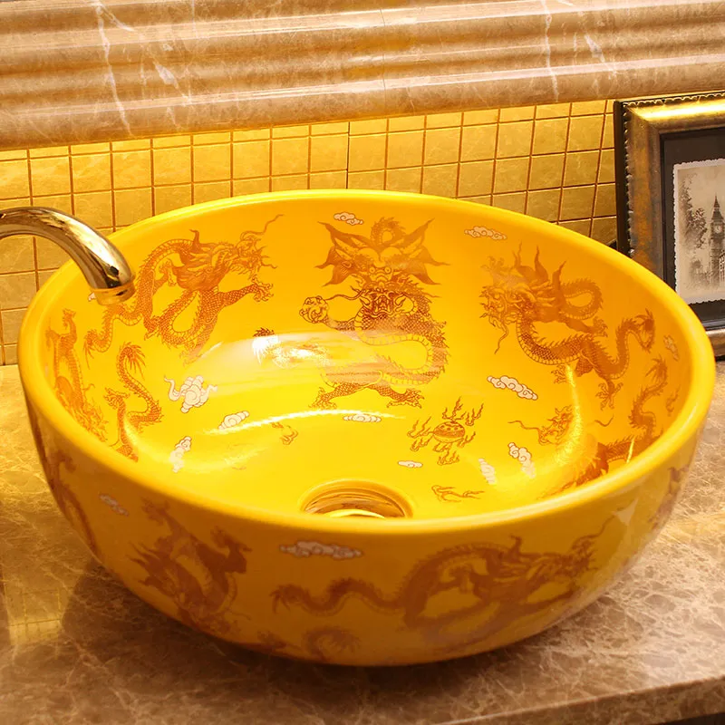 노란색 드래곤 라운드 유럽 스타일 수제 도자기 중국 아트 싱크 카운터 탑 세라믹 세차 분지 욕실 싱크