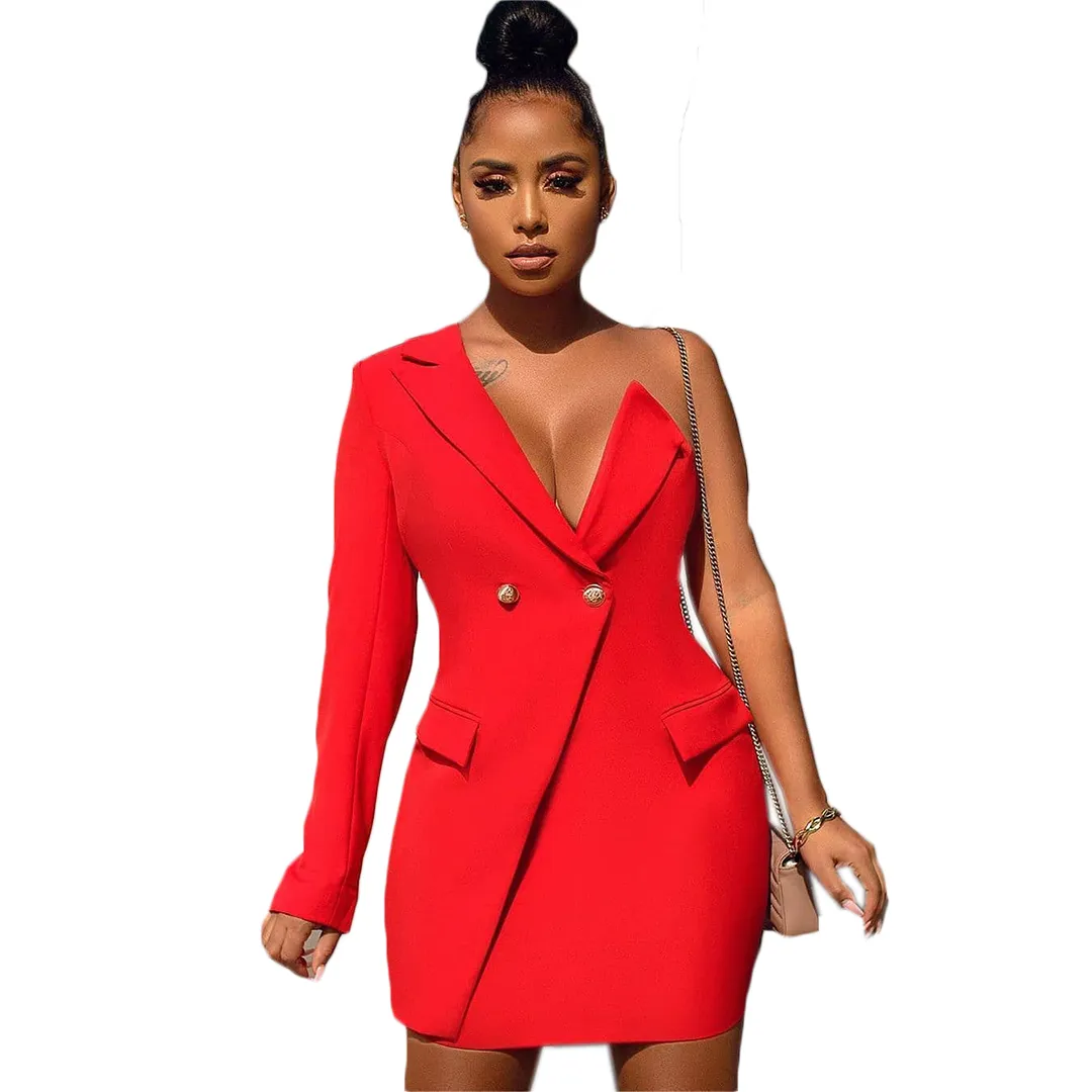 open lace back dress Women's Red Blazer Dress Long Sleeve Mini Crepe Elagia