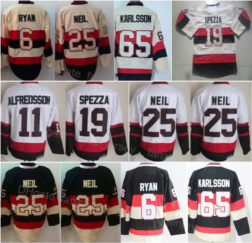 Men Vintage Ice Hockey Retro 19 Jason Spezza Jersey 25 Chris Neil 11 Daniel Alfredsson 6 Bobby Ryan 65 Erik Karlsson All Stitched Black Beige White Home CanYiYuan