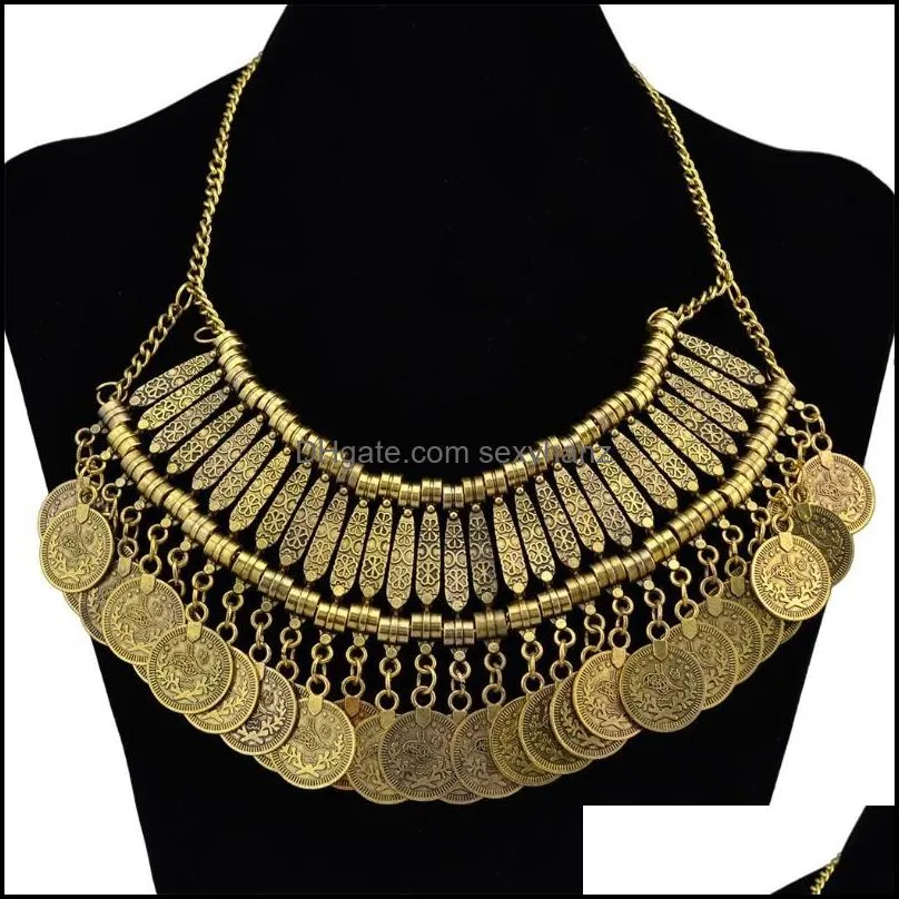 Vintage Gypsy Geometric Coin Tassel Bib Statement Choker Necklaces For Women Boho Turkish African Necklace Party Jewelry Gift Pendant