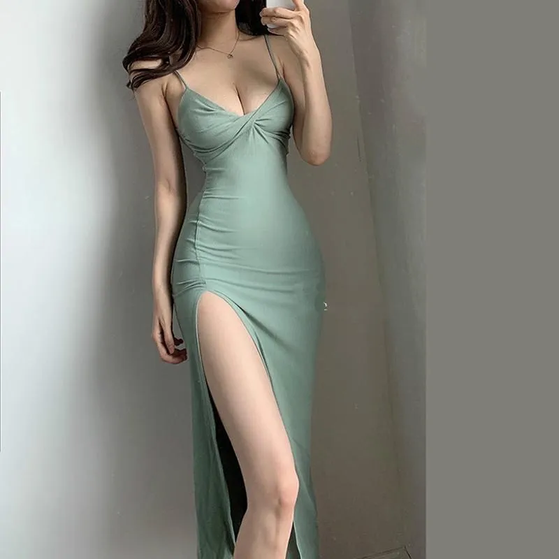 Casual sukienki Lato Top Sexy Green Fresh Sweet Cross Bow Fold Bez Ramiączek Split Solid Color Vest Tank Maxi Party Dress 1HF0