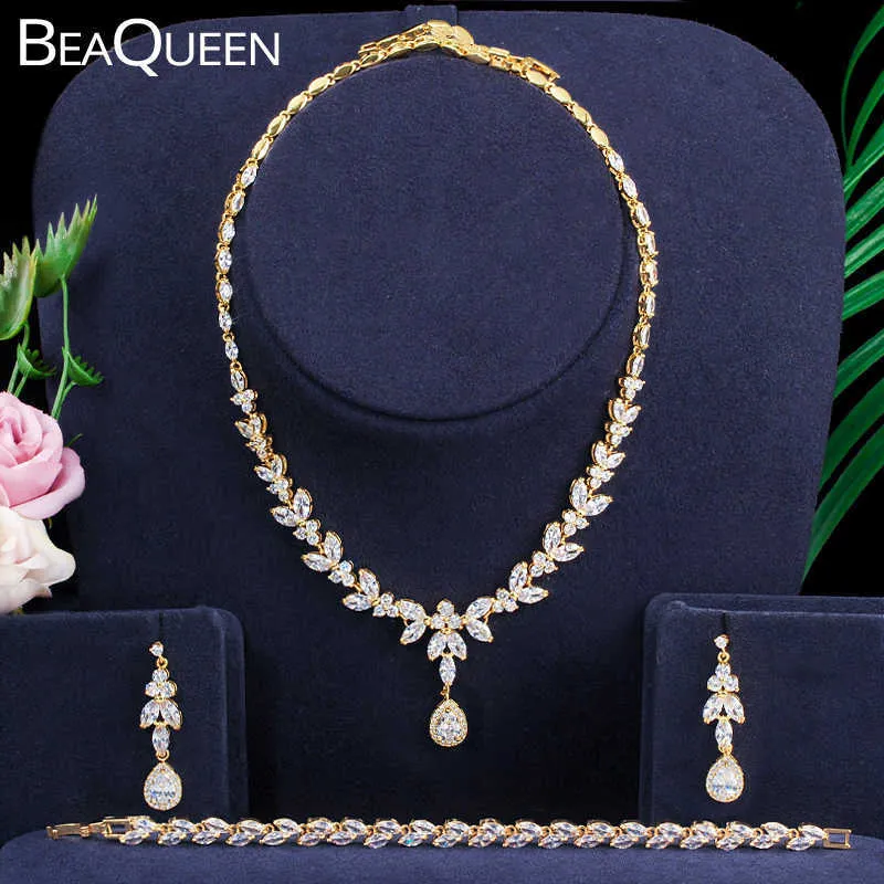 BeaQueen luxe Dubai or cubique zircone feuille goutte boucles d'oreilles de mariage collier Bracelet 3 pièces robe bijoux ensembles pour les mariées JS217 H1022