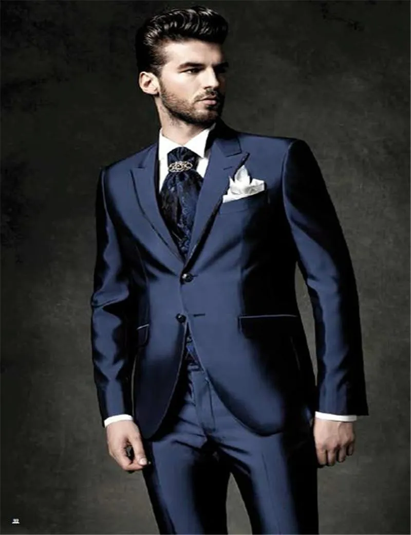 Navy Blue Jacket Bruidegom Tuxedos Groomsmen Man Pak Mannen Bruiloft (jas + Pant + Tie + Vest) Kostuum Mariage Homme Traje Novio Hombre Herenpakken BL