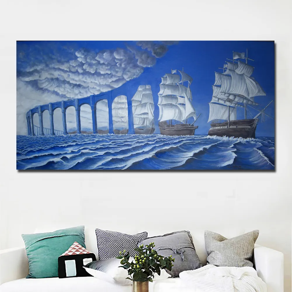 Art abstrait moderne surréalisme peintures bleu pont et mer peinture imprimé sur toile mur Art impression affiche décor à la maison