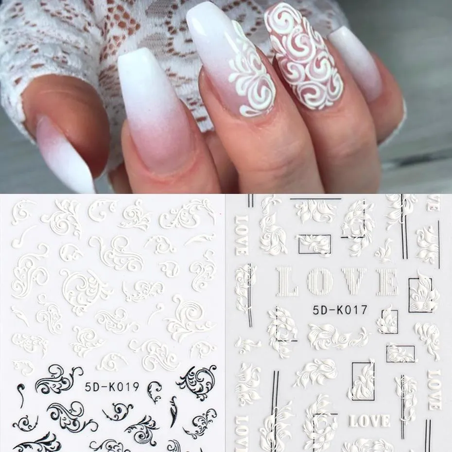 1Sheet vit 5d nagel klistermärke präglad blomma spets dekal bröllop naglar konst design blommig fjäril manikyr dekor na213