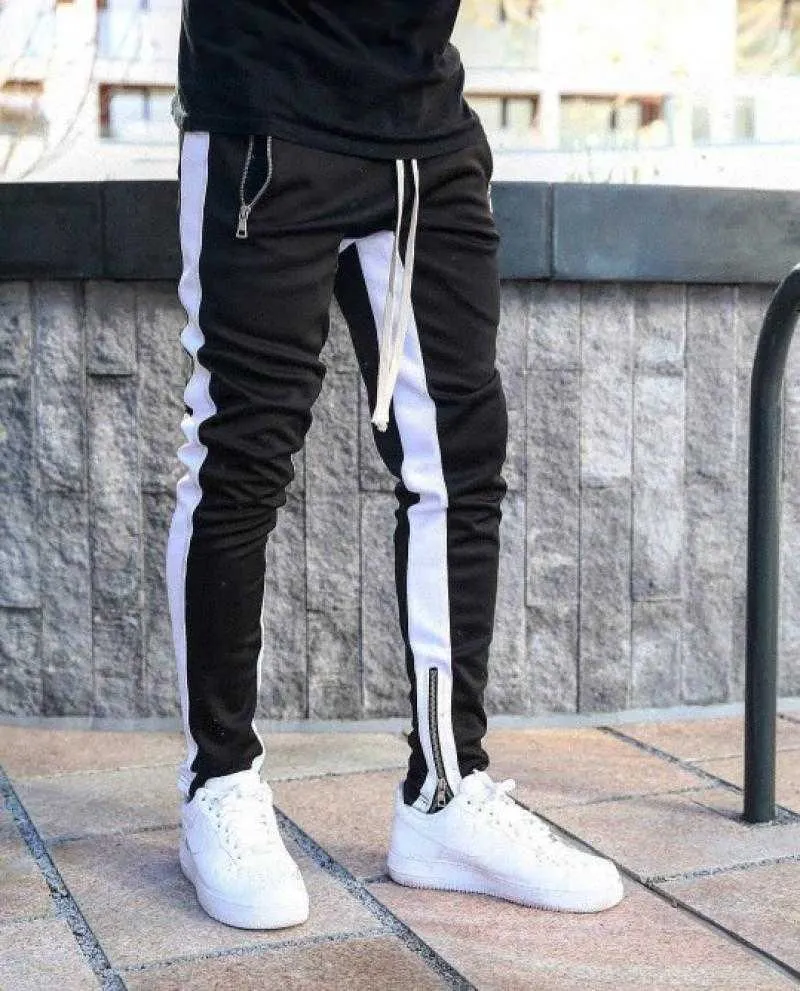 Män jogger byxor fitness bodybuilding gym långa byxor vår höst sida stripe casual mode män sweatpants byxor dropship 210702