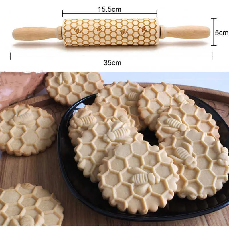 Honeycomb Embossed Wooden Rolling Pin Christmas Deer Wooden Rolling Pin Embossing Baking Cookies 211008