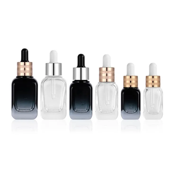 Elegant Glass  oil perfume bottles clear dark blue dropper bottle grid square bottle with thick bottom gold cap white tip SN3303