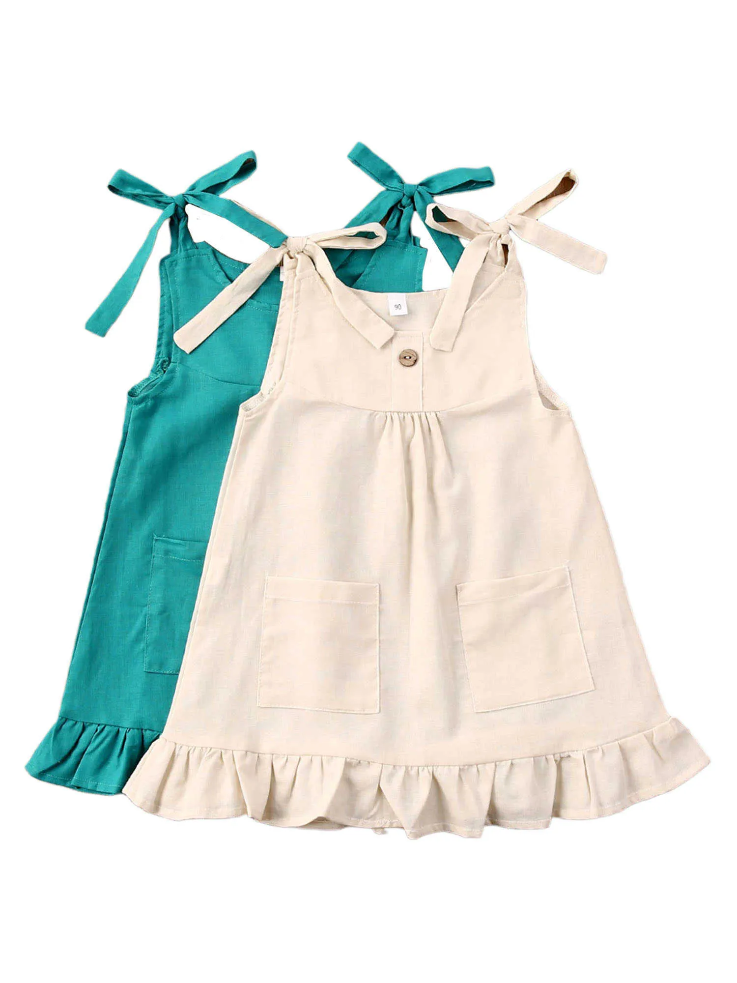 1-4Y Ki Infant Baby Girls Dress Solid Button Sleeveless Belt Mini A-Line Sundress Q0716