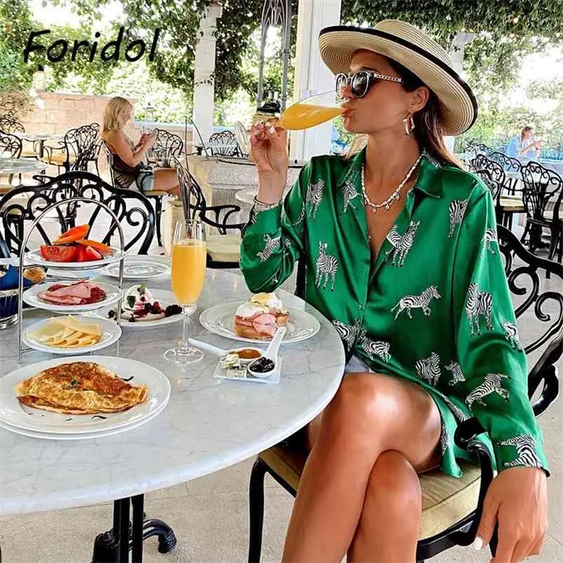 Animal Print Satin Blouse Shirts Women Green Zebra Office Ladies Tops Casual Button Up 210427