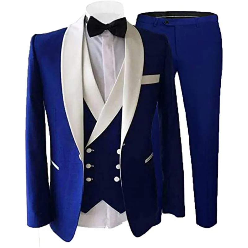 Homens Ternos Blazers Primavera / Outono Masculino Royal Blue Homens com jaqueta de lapela branca + colete de breasted duplo + calças Slim Fit casamento formal smoking 20