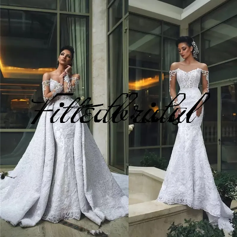 Long Sleeve Mermaid Wedding Dresses with Detachable Train 2022 Full Lace Applique Sexy Garden Trumpet Bridal wedding gown