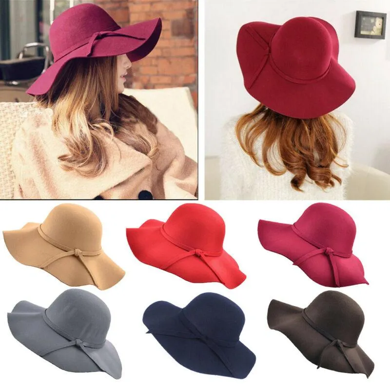 Vintage Soft Solid Style Mode Damen Morden Damen breite Krempe Thermo-Wanderkappen Wollfilz Bowler Fedora Hut Floppy Outdoor Hüte