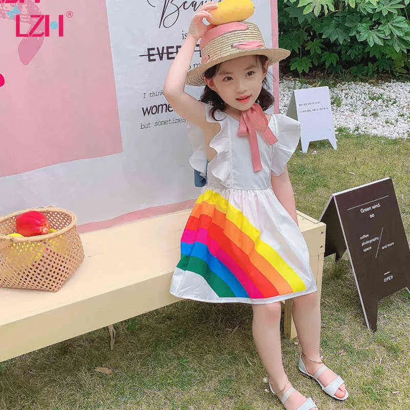 Lzh mode regnbåge tryck halter klänning för barns sommarljus klänning 2021 småbarn barn prinsessan klänning nya baby tjejer kläder Q0716