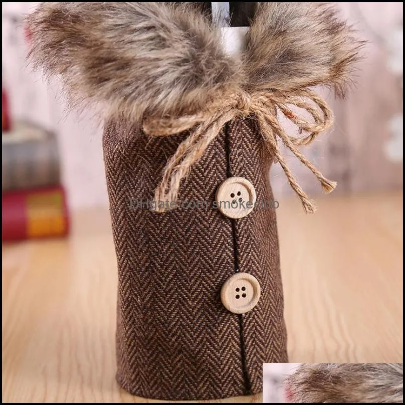 DHL Creative New Wine Cover with Bow Plaid Linen Bottle Clothes with Fluff Creative Wine Bottle Cover Fashion Christmas Decoration