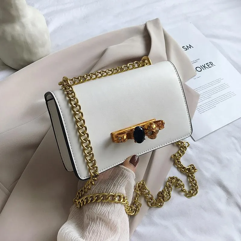 Cross Body Punk Skull Chain Clutch Women Bags 2021 Crystal Diamond Drilled Cranial Head Ring Fashion Handbag White Leather Shoulder Bag