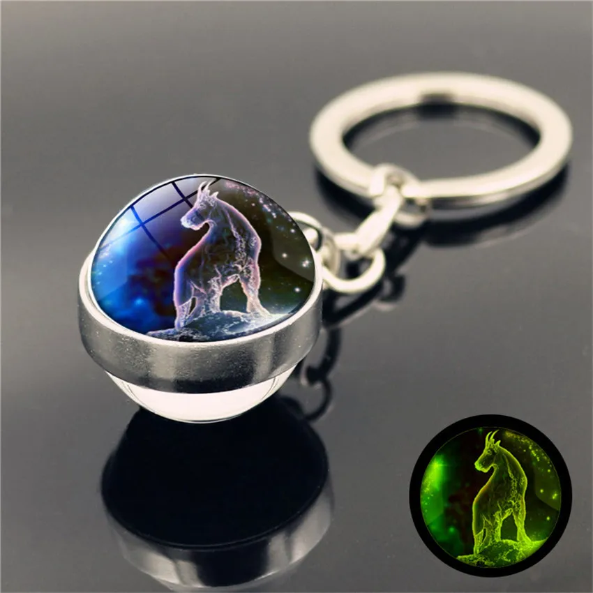 dropship 12 Constellation Luminous Keychain Glass Ball Pendant Zodiac Glow In The Dark Key Chain Holder Men Women Birthday