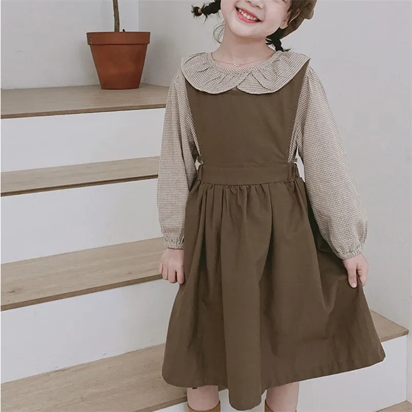 Girls Clothes Suit Doll Collar Plaid Shirt Plus Vest Dress Spring Autumn British Pastoral Style Children'S Clothing 210625