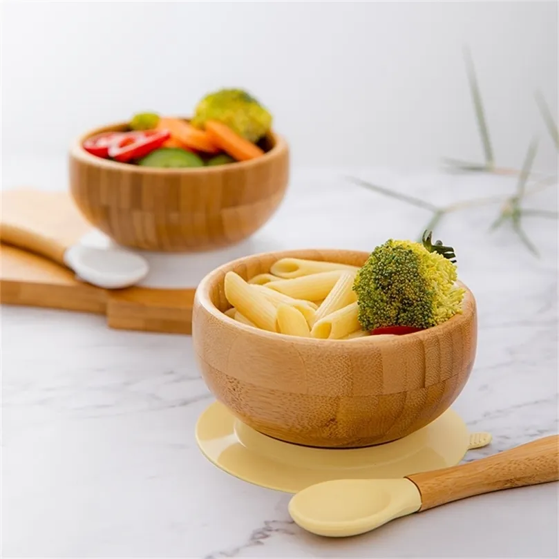 1Set Silicone Baby Feeding Bowl Set Bamboo Spoon Learning Dishes Suction Kids Toddler Assist Plate Children Tableware 211026